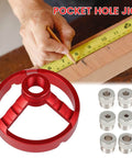 Straight Hole Drill Guide Jig For Drill Press, red aluminum alloy, with drill bushings and person measuring wood