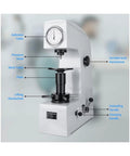 Heavy Duty Rockwell Hardness Tester HR 150A Bench Kit with pressure head and variable load handwheel on work table.