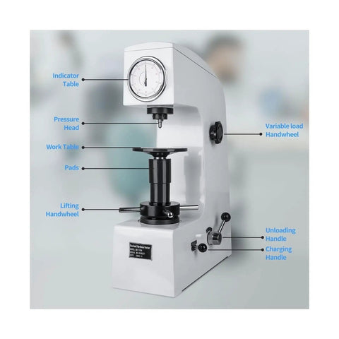 Heavy Duty Rockwell Hardness Tester HR 150A Bench Kit with pressure head and variable load handwheel on work table.