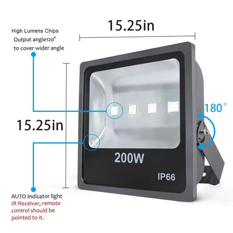 Powerful 200W RGB LED Flood Light With IR Remote Dimmable Color Changing Wall Washer For Outdoor Use dimensions