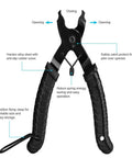 Bike Master Link Pliers For Bicycle Chains Missing Link Opener And Closer Two In One Tool with black rubber grip and safety features.