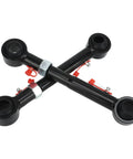 Jeep JK Front Swaybar Quick Disconnect System With Stainless Steel Tapered Mounting Posts And Self Aligning Bushings Fits 2007 To 2018 Models With 2.5 To 6 Inch Lifts Super Solid Upgrade For Your Lifted Rig, close-up of black sway bar links with red components.