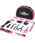 Pink 89 Piece Ladies Hand Tool Set With Easy Carry Round Pouch For Do It Yourself Home Maintenance And Dorm Room Repairs Girl Friendly Tool Kit For Everyday Projects, displayed with tools including hammer, pliers, and scissors.