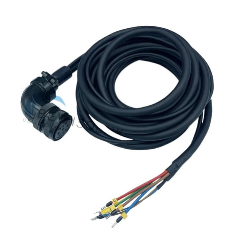 Front view: coiled black servo motor brake power cable with circular connector and color-coded exposed leads.