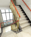 Heavy Duty Wrought Iron Banister Guardrail Spindle Post With 270 Degree Adjustable Flat Brackets Side Mount Railing Column Kit For Porch Deck Steps Stairs Handrail Powder Coated Scratch Resistant Gold 95 Cm, installed on a staircase.