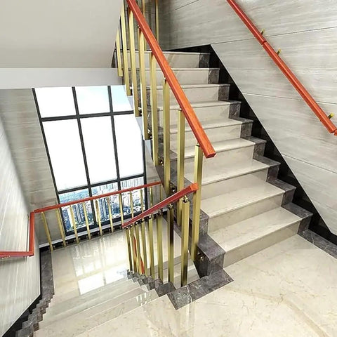Heavy Duty Wrought Iron Banister Guardrail Spindle Post With 270 Degree Adjustable Flat Brackets Side Mount Railing Column Kit For Porch Deck Steps Stairs Handrail Powder Coated Scratch Resistant Gold 95 Cm, installed on a staircase.