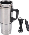 12V Car Electric Kettle Rock Solid Fast Heating Fits Standard Cup Holders Food Grade Stainless Steel mug with handle and power cord.