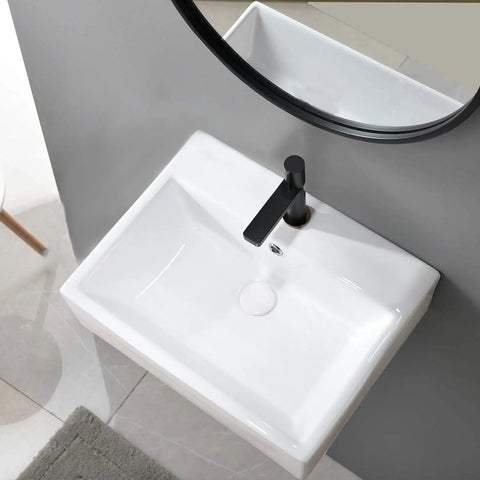 Rectangular Wall Mount Vessel Sink for Bathroom 21x16 White Porcelain Ceramic Above Counter Vanity Lavatory Basin With Single Faucet Hole, Sleek Modern Design for a Low Key Luxe Bath Upgrade, top view
