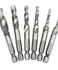 Six Piece Drill Tap Combination Bit Set With 1/4 Inch Hex Shank For 1/8 To 3/8 Inch Sizes HSS 4341 High Speed Steel.