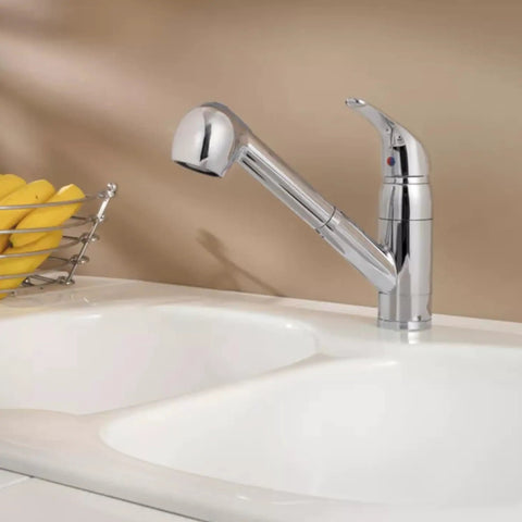 Pfirst Series One Handle Pull Out Kitchen Faucet In Polished Chrome Water Efficient Model ADA Accessible Easy Install