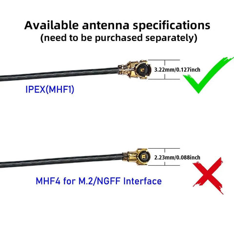 Image showing IPEX MHF1 antenna connector and MHF4 for M.2 NGFF interface with size dimensions and compatibility indicators.