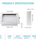 HITOO 8 Inch Square Recessed Ceiling Light, 3CCT, Dimmable, White, 2 Pack with dimensions and specifications