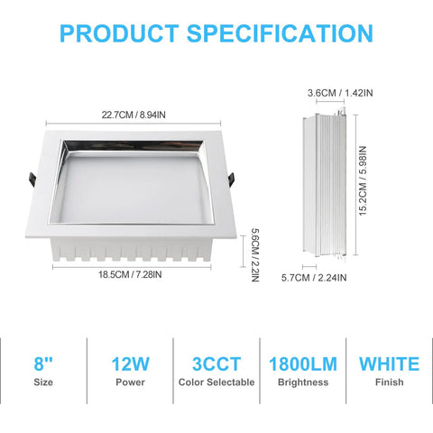 HITOO 8 Inch Square Recessed Ceiling Light, 3CCT, Dimmable, White, 2 Pack with dimensions and specifications