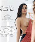 Model wearing Silicone Nipple Covers With Travel Case Reusable Nipple Pasties With Skin Safe Adhesive under dress Size 1 for A Cups