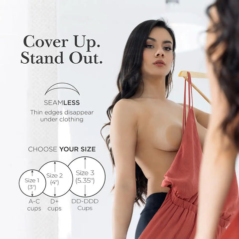 Model wearing Silicone Nipple Covers With Travel Case Reusable Nipple Pasties With Skin Safe Adhesive under dress Size 1 for A Cups