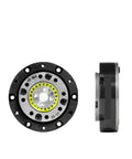 Front and side view of Beefy Torque Strain Wave Gears Harmonic Drive Reducer for Nema 11 Servo Motors with 80 Ratio Horizontal Mounting