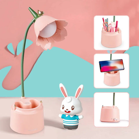 Rechargeable Kids Desk Lamp With 360 Degree Flexible Gooseneck Eye Care LED Light Touch Control Dimmer Three Brightness Levels Pen Holder Flower Design Pink Room Decor Gift Box Included