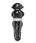 Front view of black 12.5 Inch Youth Catcher Leg Guards With Double Knee Protection For Ages 7 To 9, Game Ready Mobility, Lightweight