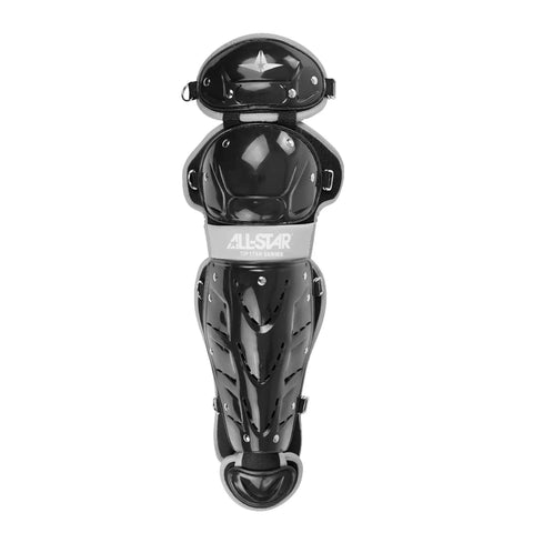 Front view of black 12.5 Inch Youth Catcher Leg Guards With Double Knee Protection For Ages 7 To 9, Game Ready Mobility, Lightweight