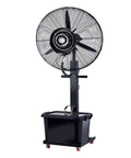 Heavy Duty Misting Pedestal Fan Delivers Badass Cooling Flow With Three Speed Levels For Gyms Workshops Or Grow Rooms. Tall black misting fan with large blades and a water tank.
