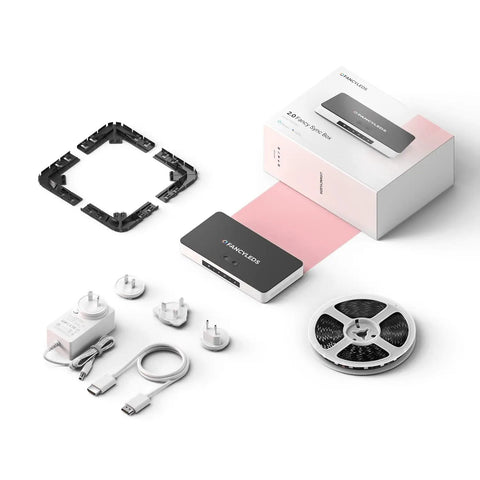 Ambient TV Backlighting Sync Box For HDMI 2.0 Setups, Compatible With 44 To 55 Inch TVs, Easy plug in kit with cables and adapters.