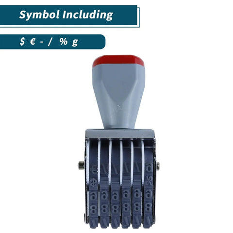 Kickass Six Digit Number Roller Stamp With Changeable Price Date Wheels For Custom Scrapbooking And Office Projects Slick Rubber Rolling Seal Tool showing symbols including $ € - / % g.