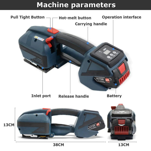 Get This Automatic Battery Powered Electric Strapping Made For PP Pet Banding Tensioner With High 900 To 3200 Newtons Strength And One Handed Operation For Fast Secure Sealing Without Buckles Or Manual Labor Hassles, showcasing machine parameters with buttons and battery.