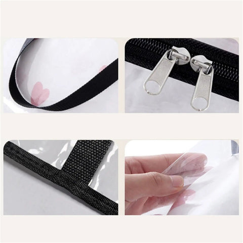 Close-up of Super Roomy Clear Zippered Storage Bags With Heavy Duty Handles and Full Transparent Panels showing zippers and handle.
