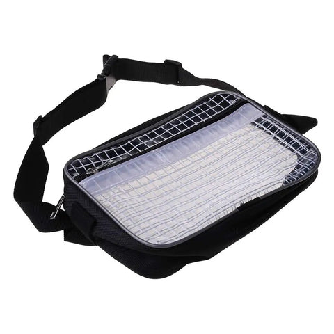Flat Out Solid Anti Static Clear Pvc Tool Bag And Waist Pouch For Scrapbooking Dies Multi Pocket Storage view with black strap and clear top.