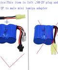 Comparison of two-pack 7.4V 600mAh Li-ion RC boat batteries with SM-2P plugs including correct and incorrect adapters