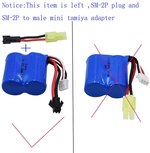 Comparison of two-pack 7.4V 600mAh Li-ion RC boat batteries with SM-2P plugs including correct and incorrect adapters