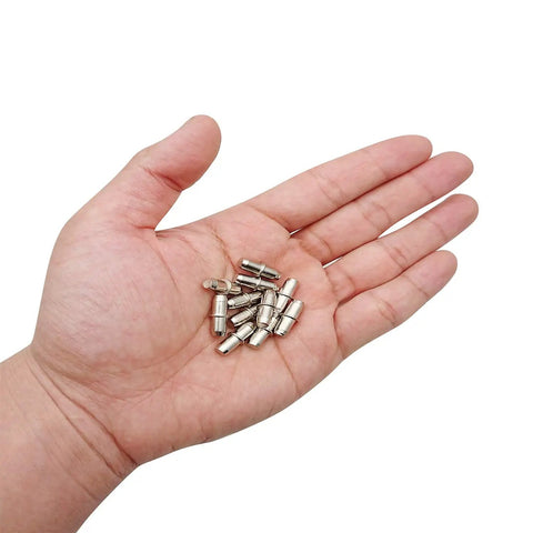 Heavy Duty Shelf Pins 120 Pack Nickel Plated Furniture Shelf Supports, 5mm x 16mm, in a hand for easy handling.