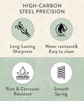 Infographic detailing features of Hand Pruners And Shears Set In Sage With Blister Pack Lightweight Garden Gear Easy Lock Sharp Carbon Steel Blades Rust Resistant For Herbs And Flowers Pruning Kit Pro Grade, highlighting high-carbon steel precision, long-lasting sharpness, and rust resistance.