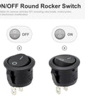 Six Pack Pre Wired Round Rocker Switches 2 Position On Off Toggle 12V DC Black 21x15mm with diagrams showing on-off positions.