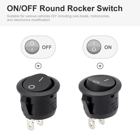 Six Pack Pre Wired Round Rocker Switches 2 Position On Off Toggle 12V DC Black 21x15mm with diagrams showing on-off positions.