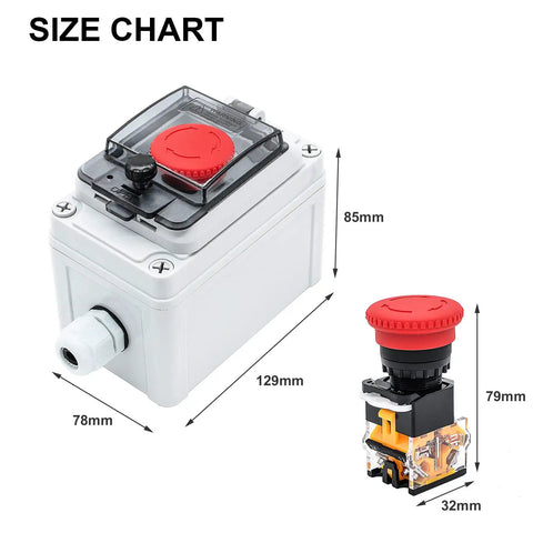 Size chart for Red IP67 Emergency Stop Button Switch Box With Protective Cover For Outdoor Use Built Tough Waterproof.
