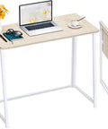 Compact Folding Desk For Small Spaces 31.5 Inch Oak Finish Computer Table With Laptop And Coffee Setup