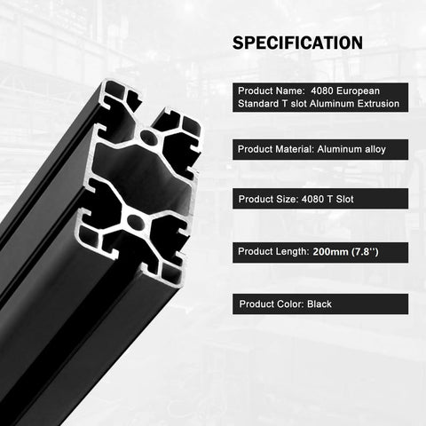 Close-up of 2 Pack 4080 T Slot Aluminum Extrusion 200mm Black 40x80 Profile Heavy Duty for T Slotted Framing European Standard Anodized Linear Rail