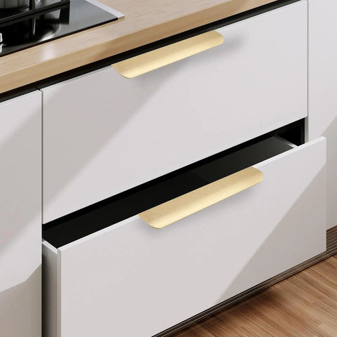 Sleek Matte Gold Finger Pulls For Cabinets Set Of 2 7.8 Inch Edge Drawer Pulls with screws on white kitchen cabinets.