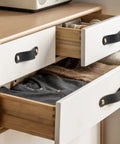 Black Leather Drawer Pulls 6 Pack 6.3 Inch Long Leather Handles Cabinet Knobs For Kitchen Bathroom And Dresser Drawers Scratch Resistant Rich Grain Texture Easy Install Durable And Stylish on white dresser drawers with open compartments containing clothes and accessories.