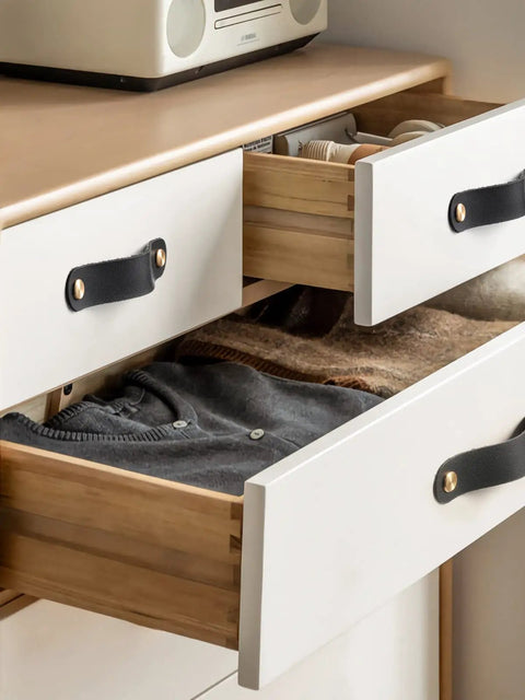 Black Leather Drawer Pulls 6 Pack 6.3 Inch Long Leather Handles Cabinet Knobs For Kitchen Bathroom And Dresser Drawers Scratch Resistant Rich Grain Texture Easy Install Durable And Stylish on white dresser drawers with open compartments containing clothes and accessories.