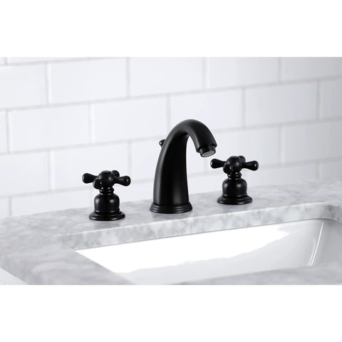 Victorian Widespread Bathroom Faucet In Matte Black, Solid Brass Construction, Deck Mount, 8 To 16 Inch Spread, 1.2 GPM Flow
