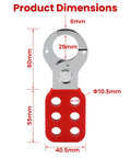 12 Pack Lockout Hasps Kit With Extended Jaw Steel Tamper Proof Loto Hasps For Safety Lockout Interlock Holes 3/8 Inch Inner Jaw 1 Inch Each 4.5 Inch Long Red Padlocks Not Included Heavy Duty, showing hasp dimensions.