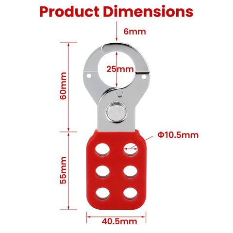 12 Pack Lockout Hasps Kit With Extended Jaw Steel Tamper Proof Loto Hasps For Safety Lockout Interlock Holes 3/8 Inch Inner Jaw 1 Inch Each 4.5 Inch Long Red Padlocks Not Included Heavy Duty, showing hasp dimensions.