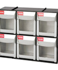Super Easy Tilt Out Storage Cabinet With Six Smooth Glide Drawer Bins For Small Parts Sorting Stackable Plastic Craft Organizer Box With Quick Connect Modular Rack System Black, featuring six clear glide drawers.