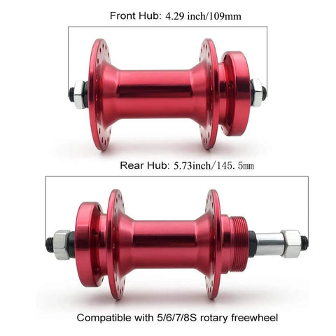 Front And Rear 36H Bicycle Hub Set Aluminum Alloy Quick Release Levers Skewers Axle 1 Pair Black For 5 6 7 8 Speed Systems And Ball Bearing Compatibility shown in red with size measurements.