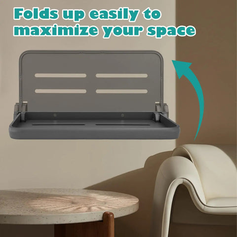 Level Up Your Rig Setup With These Smooth Folding Aluminum Wall Shelves For Rv Trailers And Motorhomes, gray shelf folded up.