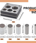 Five Piece Disc Cutter Set With Five Round Punch Sizes One Half Inch, Five Eighths Inch, Three Quarters Inch, Seven Eighths Inch, And One Inch For Jewelry Making And Metal Forming, Durable High Quality Steel Construction, DIY Ready For Charms And Beads shown with product size dimensions