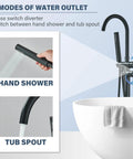Dope Matte Black Freestanding Tub Filler Faucet with Shower and Handheld Sprayer, two modes shown with tub and hand shower
