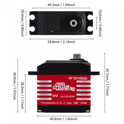 Tough As Nails 40Kg High Torque Digital Servo delivering flawless 180 degree turn showing size dimensions and IP68 waterproof design.